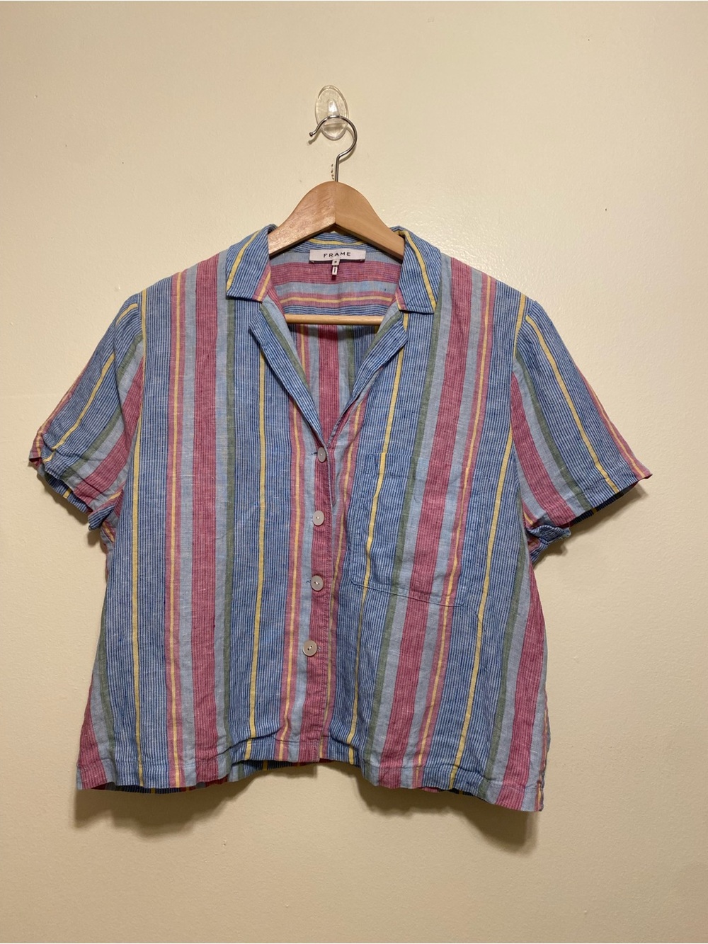 Frame Linen Blue, Pink, Yellow & Cream Striped Button-Front Shirt. Size M